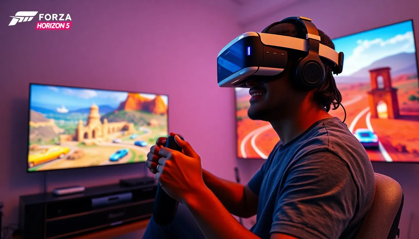 gamer in VR enjoying Forza Horizon 5's vibrant landscapes.
