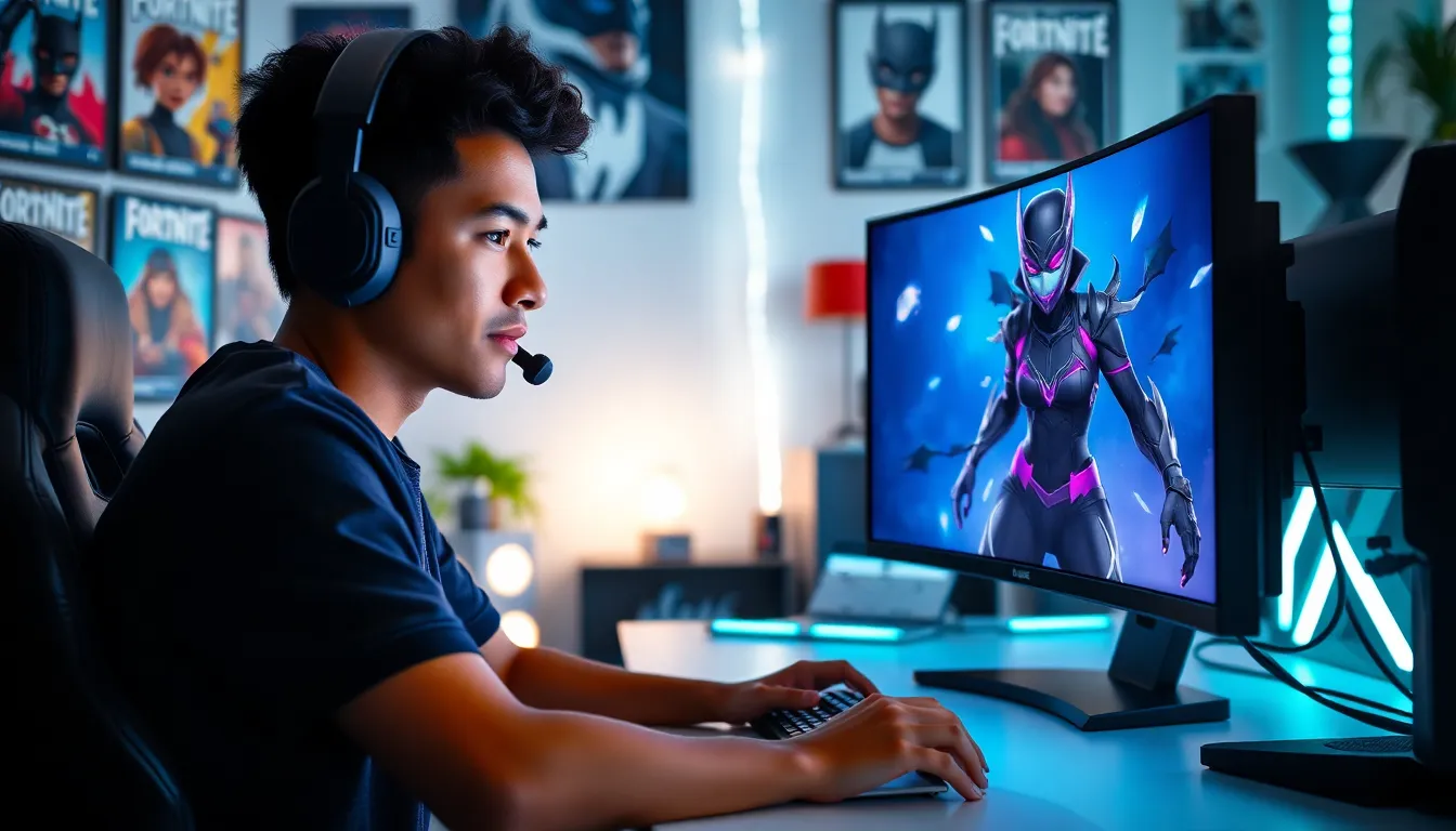 gamer showcasing Raven skin in a modern gaming setup.