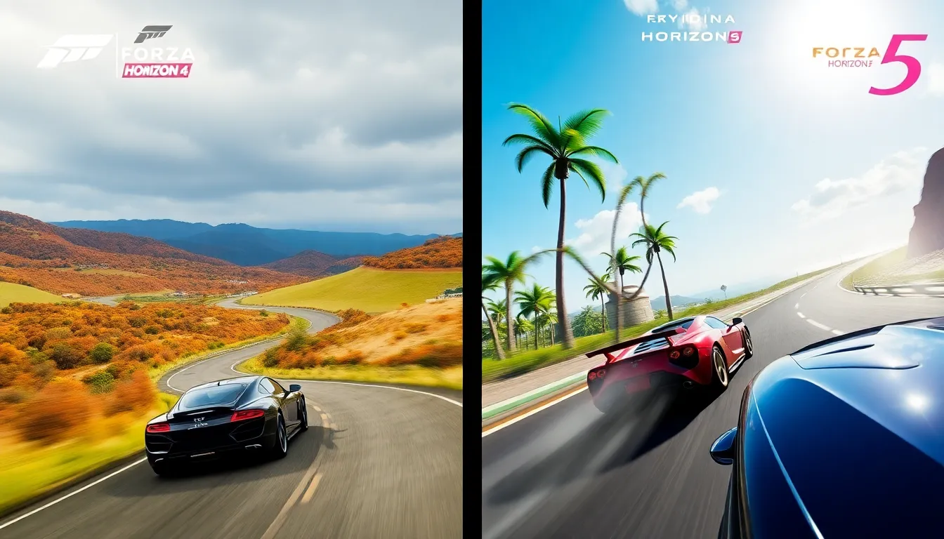 side-by-side visuals of Forza Horizon 4 and Forza Horizon 5 landscapes.