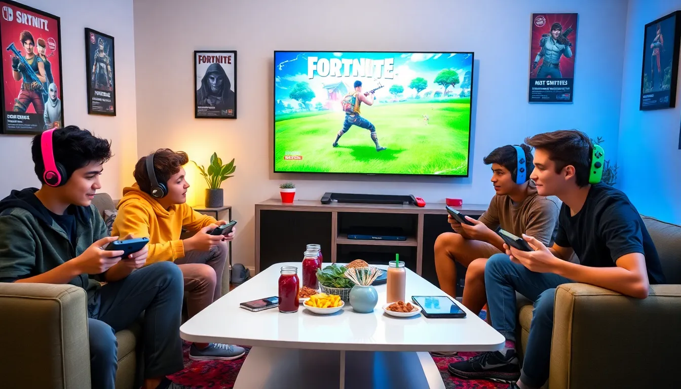 gamers playing Fortnite on Nintendo Switch in a cozy setting.