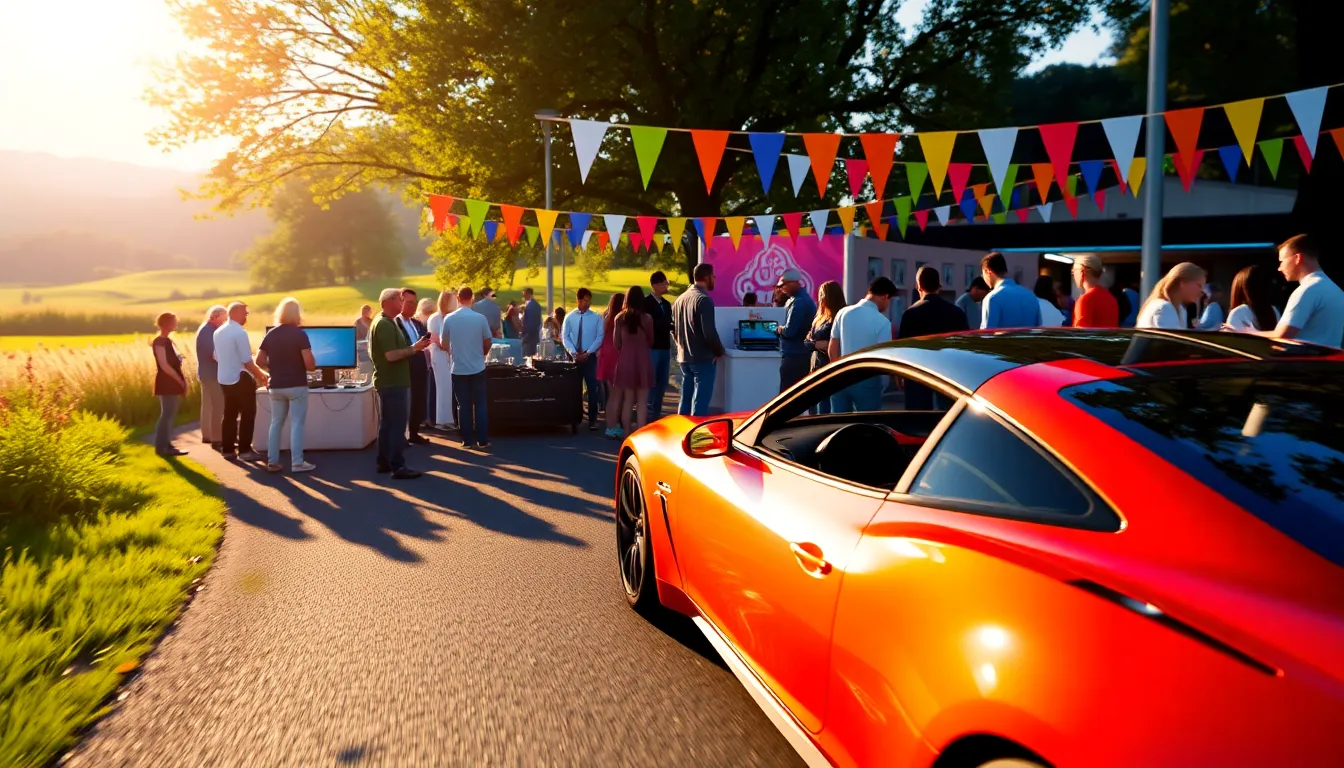 Racers enjoying a festival atmosphere while showcasing customized sports cars.