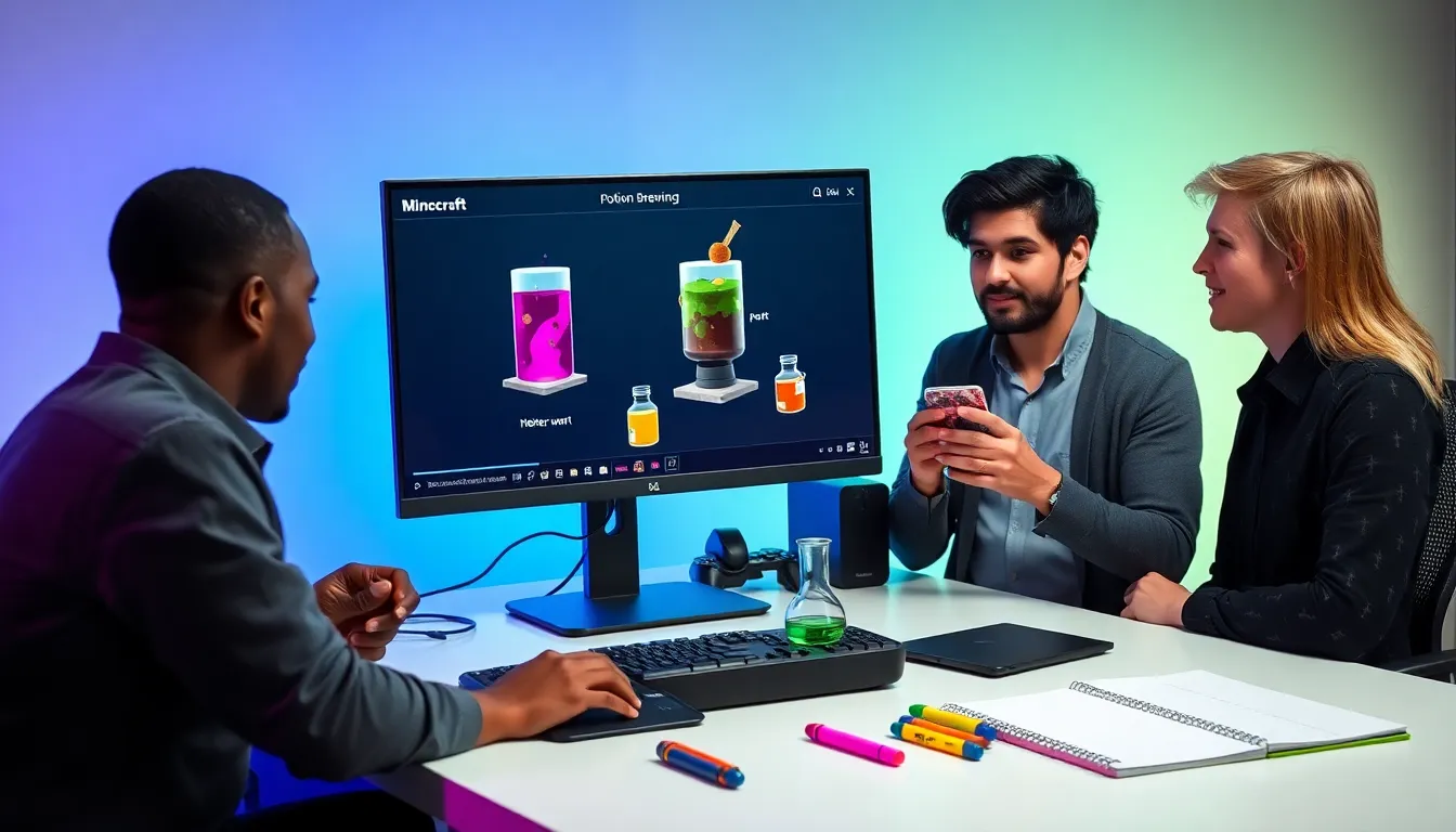 gamers collaborating on potion brewing in a modern workspace.