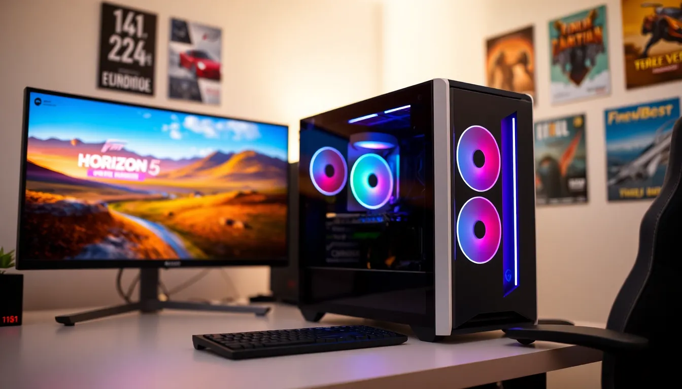 gaming setup with PC components for Forza Horizon 5 requirements.