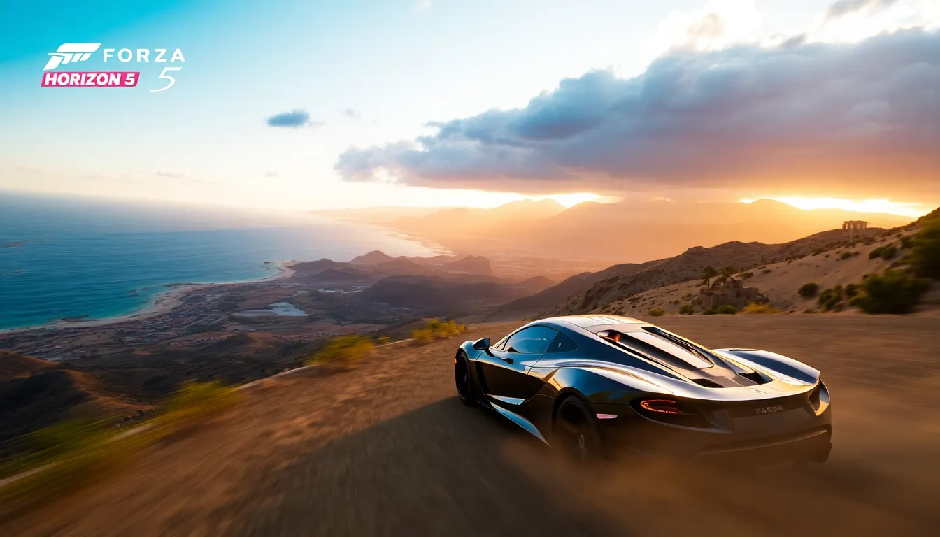 sports car racing in vibrant Mexican landscape during dynamic weather.