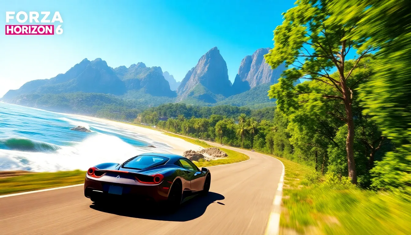 vibrant landscape with a sports car along a coastal road in sunny scenery.
