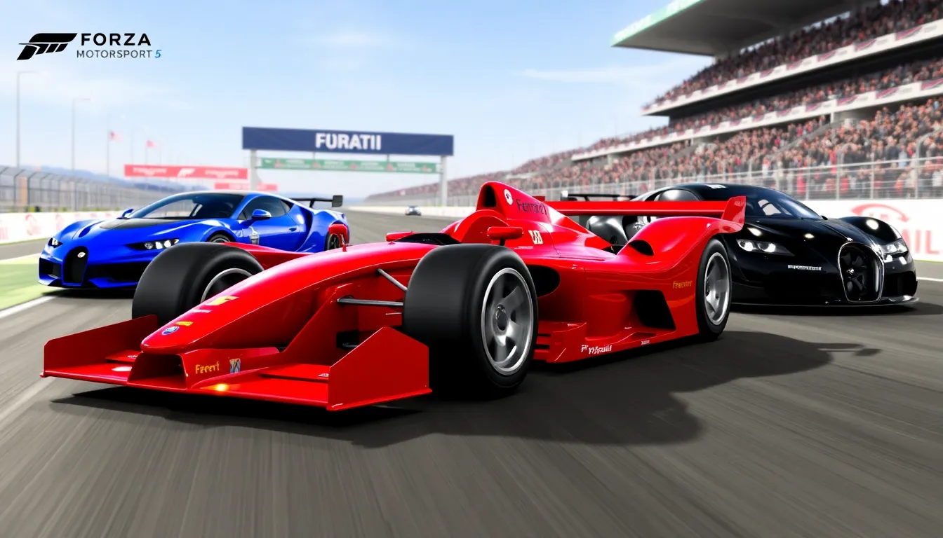 fast cars from Forza Motorsport 5 on a racetrack.