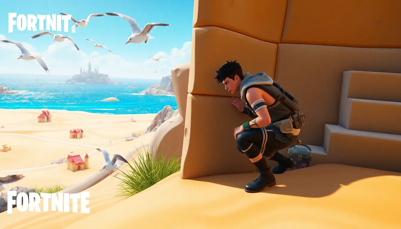 Fortnite player searching for hidden treasures in a vibrant gaming landscape.